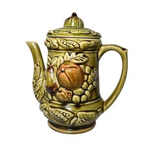 Vintage Ceramic Olive Green Teapot Fruit Veggies Decor Made in Japan